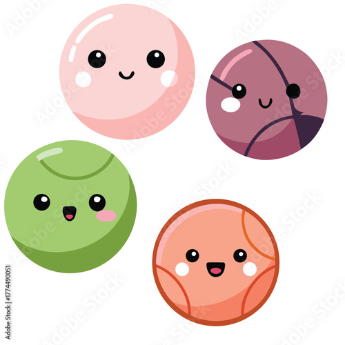 A charming collection of sweet Japanese mochi characters, a delightful group of kawaii food icons with happy faces
