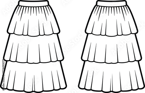 Vector CAD drawing of tiered skirts with three flared layers and waistband for fashion design, garment construction, and pattern illustration
