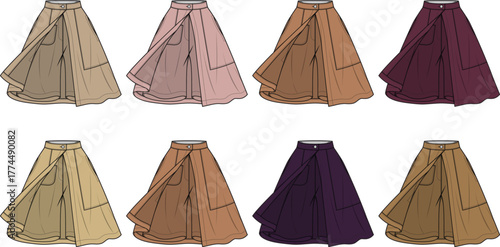 Collection of eight stylish women's skirts in various earthy and jewel tones, showcasing different designs and cuts