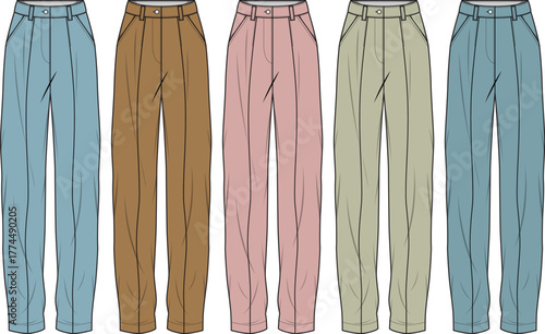 Variety of Pleated Pants in Different Colors, Including Blue, Brown, Pink, and Beige, in a Row