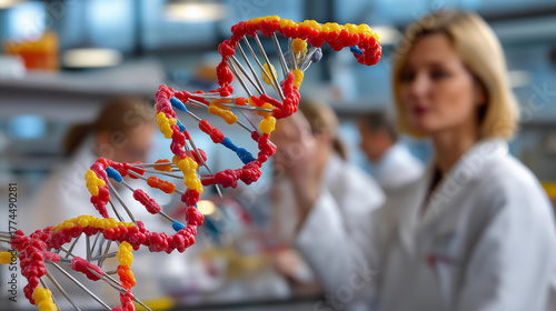 Genome editing lab: CRISPR tools in action, scientists collaborating, DNA models, photorealistic candid by a biotech breakthrough photographer.