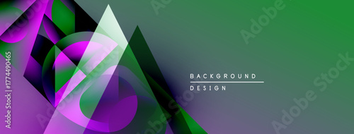 Abstract geometric shapes overlap, creating vibrant gradients. Green dominates right side, purple left. Modern design element.