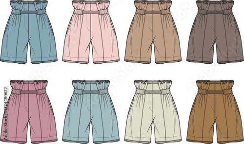 Fashion illustration of various colors of paperbag waist shorts, showcasing style and versatility for modern wardrobes