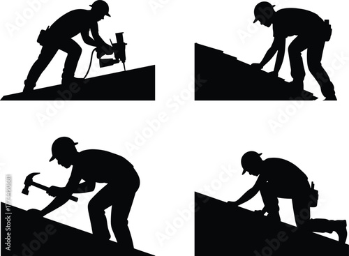 Construction workers silhouette, roofing labor, nail gun action, shingle installation, hammer work, roof maintenance, black silhouettes, skilled trades, sloped roof, teamwork