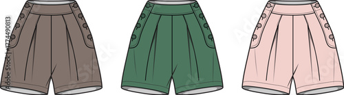 Women's high-waisted casual shorts in brown, green, pink. Flat fashion illustration with stylish side button details, ideal for apparel design