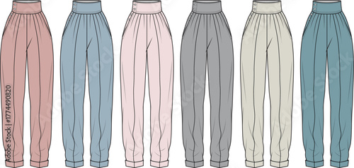 Collection of women's pleated peg trousers with a high waist and cuffs. Fashion design technical flat vector illustration set