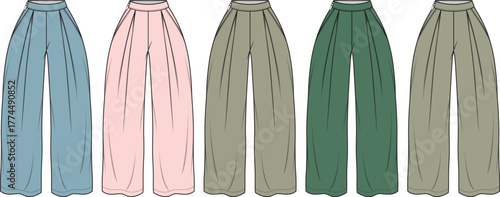 Fashion design set of women's wide-leg palazzo pants in multiple colors. Vector technical flat sketch illustration for clothing templates and apparel concepts
