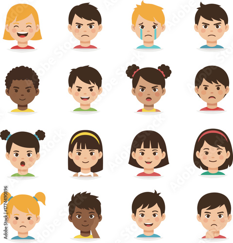  Create a kinds of deferent Children's facial expression icon illustration set material vector art with white background..