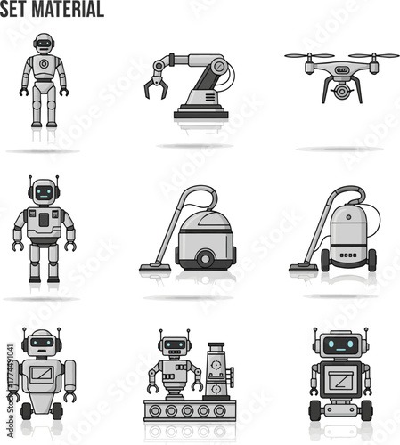 Create a kinds of deferent Robot simple vector icon illustration set material vector art with white background..