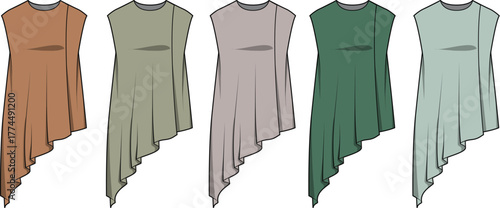 Collection of technical flat sketches for a modern asymmetrical sleeveless tunic dress shown in various colorways for fashion design
