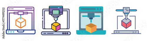 Four 3d printer icons depicting additive manufacturing and object creation