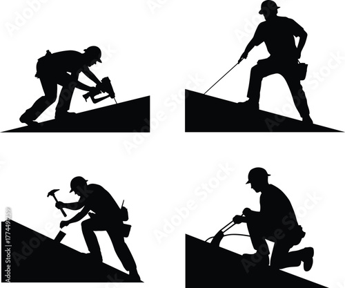 Construction workers silhouette, roofing labor, power tools, hammering, measuring tape, drill work, rooftop safety, manual labor, industrial job, teamwork