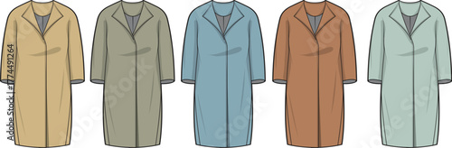 A collection of classic women's trench coats in a muted, earthy color palette. Vector illustration of stylish autumn and winter outerwear for a fashion concept