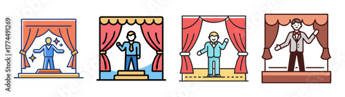 Actors performing on stage four different performances artistic representation