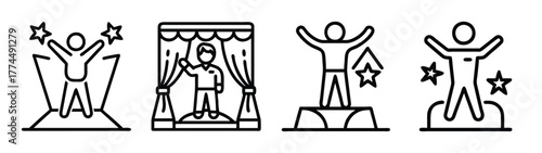 Performers on stage celebrating victory awards and applause icons