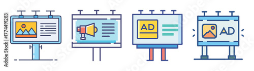 Collection of four distinct advertising billboard icons with modern design elements