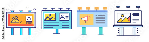 Four distinct outdoor advertising billboards displaying various promotions and information