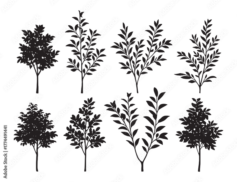 Fototapeta premium Hand-drawn tree and branch vector set in black ink sketch style, perfect for nature prints, botanical illustrations, or landscape design.