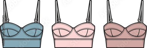 Fashion illustration of three bras in different pastel colors with straps and underwire detailing