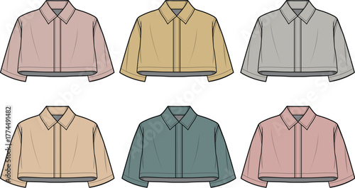 Collection of stylish cropped button-down shirts in various muted colors, presented as fashion flat sketches