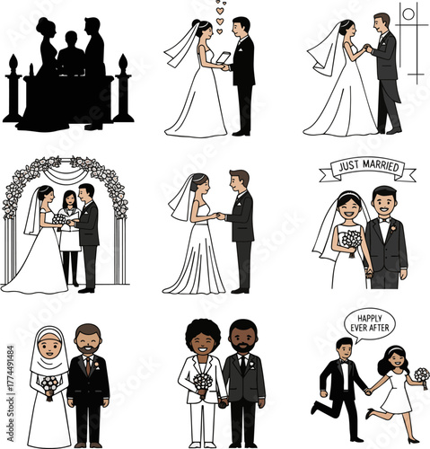 Create a kinds of deferent simple vector illustration of a bride and groom getting married vector art with white background