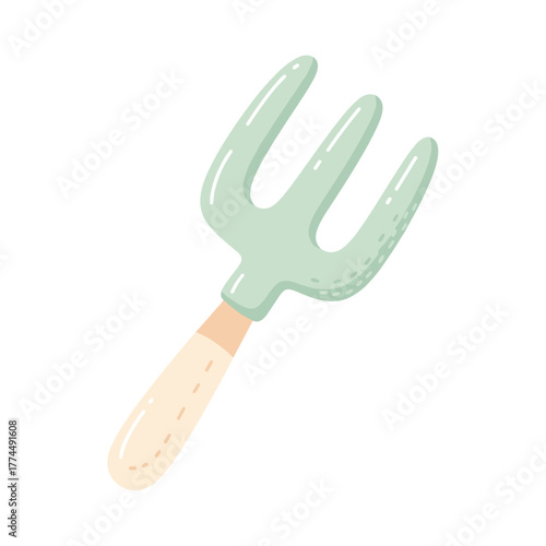 Garden pitchfork with mint green prongs and beige handle  