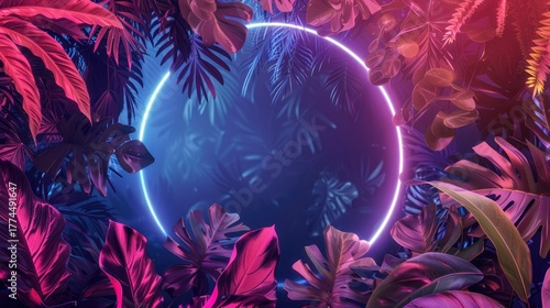 Elegant tropical circle-shaped frame made of exotic emerald leaves and neon lighting. Stylish fashion banner. Plants are illuminated with purple, orange, and pink fluorescent light.