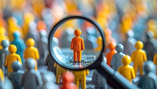Magnifying glass highlights one unique person standing out from the crowd.