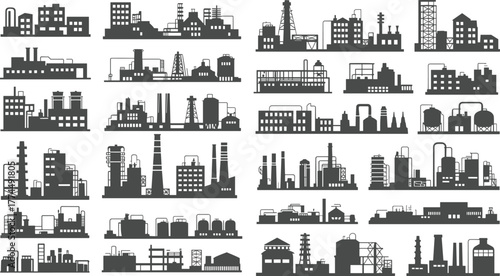 Industrial factory icons, black and white silhouette, manufacturing buildings, refinery structures, power plant symbols, engineering infrastructure, vector illustration, editable design