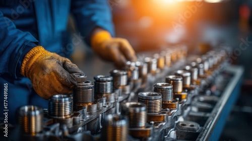 Close up of a worker assembling a car engine in a factory. This detailed shot shows precision engineering and skilled labor in manufacturing. Perfect for automotive or industrial themes.