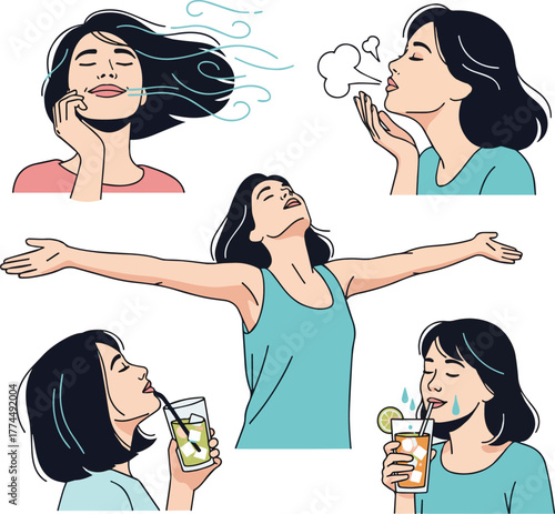 Create a kinds of deferent Simple vector illustration of a refreshing woman vector art with white background