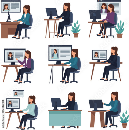 Create a kinds of deferent Simple vector illustration of a woman consulting online on a PC vector art with white background..