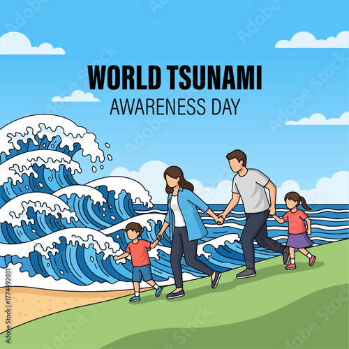World Tsunami Awareness Day: Safety Poster Vector, Family Running from Waves, Natural Disaster Preparedness Social Media