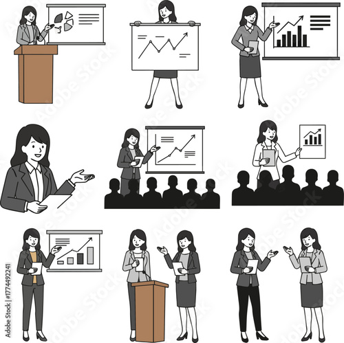 Create a kinds of deferent Simple vector illustration of a young business woman making a proposal vector art with white background..