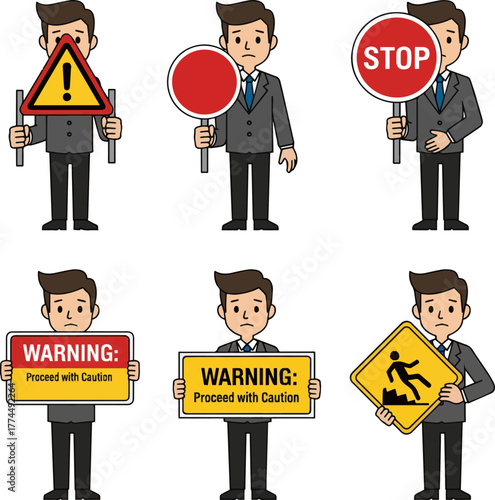 Create a kinds of deferent Simple vector illustration of a young businessman holding a warning sign vector art with white background