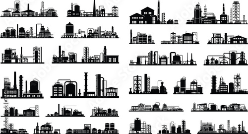 Industrial factory silhouettes, manufacturing plants, refinery icons, urban industry, black vector buildings, chimneys, cooling towers, processing units, engineering infrastructure, illustration set