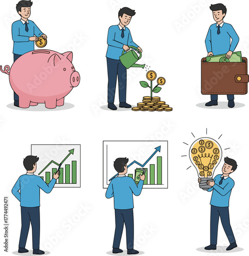 Create a kinds of deferent Simple vector illustration of a young man saving money vector art with white background..