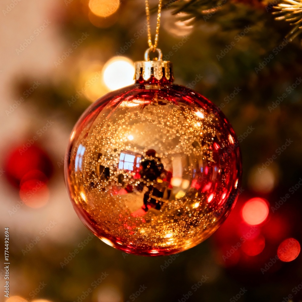 Obraz premium Golden Christmas ornament ball hanging on a tree with warm bokeh lights, festive holiday decoration macro. Generative AI.