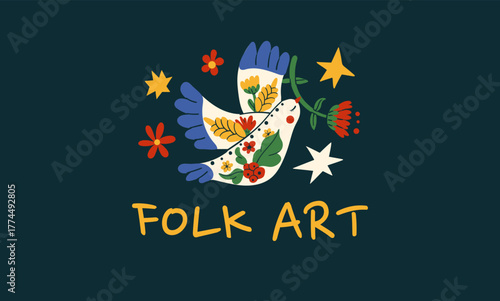 Folk art bird and floral stars in scandinavian love pattern.
