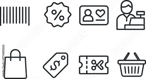 Set of linear shopping and discount icons on dark background