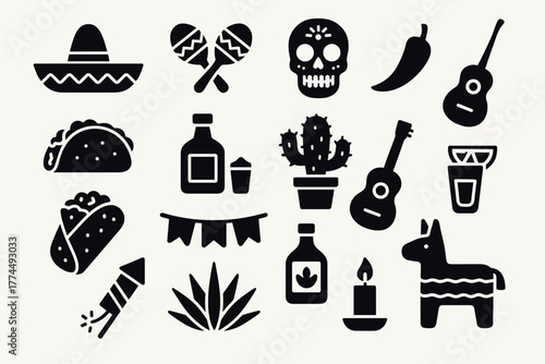 Silhouette mexican icons cactus, guitar, maracas, skull, sombrero, and food elements