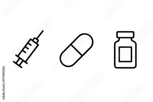 Medical essentials simple line icons of syringe, capsule, and vaccine bottle