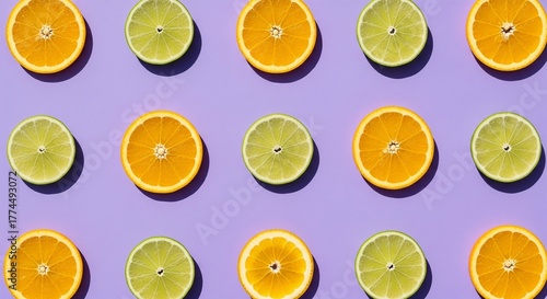 Vibrant citrus fruit halves, orange and lime, in a repeating pattern on a purple background