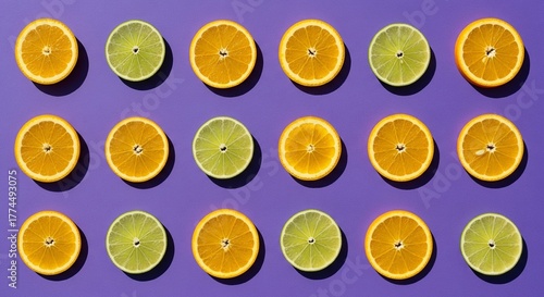 Vibrant Slices of Citrus Fruits Arranged in a Pattern on a Deep Purple Surface