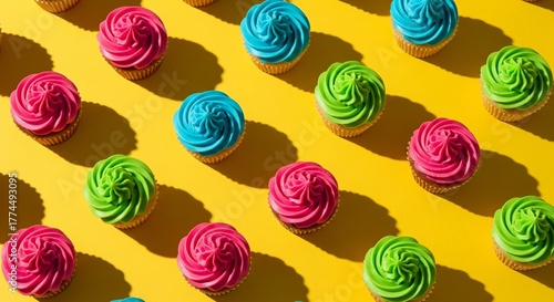 Vibrant and Colorful Cupcakes Arranged in a Pattern on Yellow