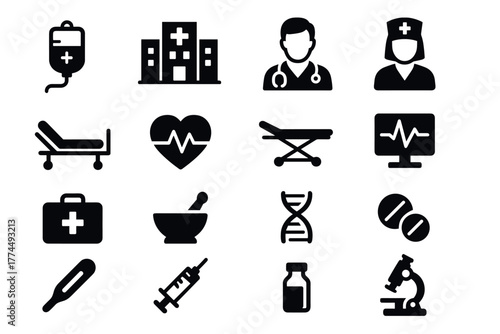 Healthcare icons set hospital, medical staff, equipment, and health symbols