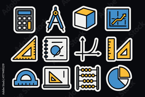 Bright educational icons simplified math and geometry tools on dark background