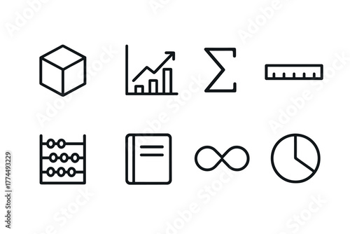 Minimalist line icons of mathematical and statistical tools for data analysis