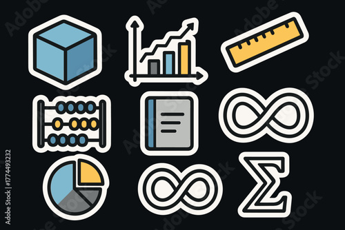 Education and math icon set on dark background scientific symbols and tools