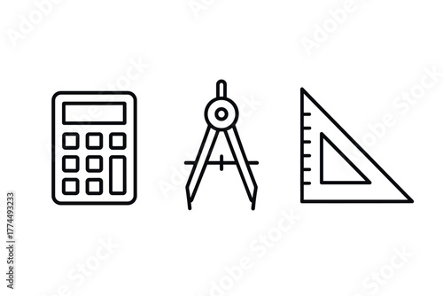 Linear icons of calculator, compass, and ruler for math and geometry themes